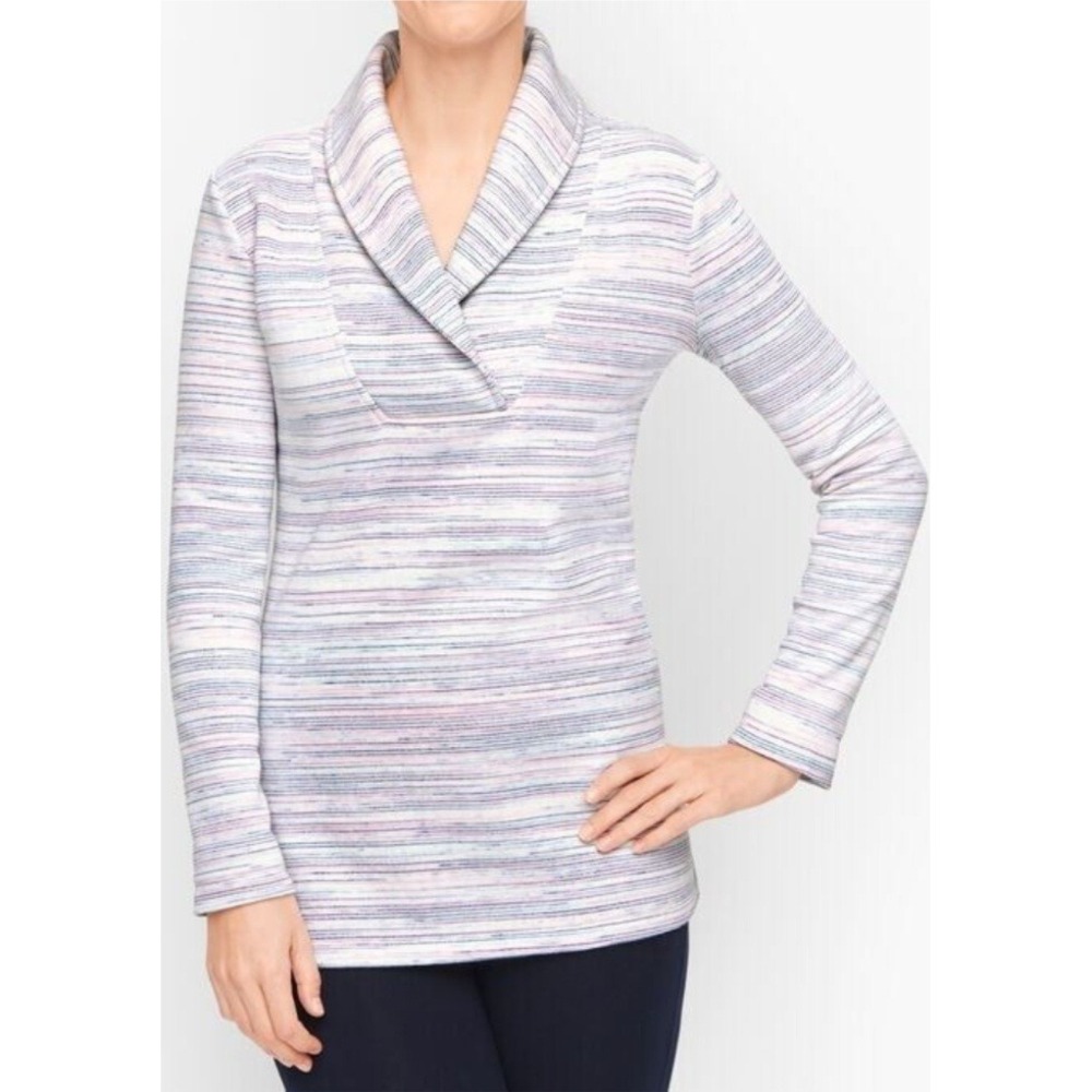 T by Talbots Womens Top Striped Shawl Collar Knit Pullover Small Petite